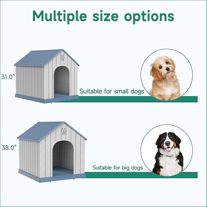 VIXZEN Dog House Outdoor Large Breed - 38 Inch Weatherproof PP Resin Doghouse with Elevated Floor, Open Design & Easy Assembly, Large Dog Houses for Large Dogs Outside (Blue)