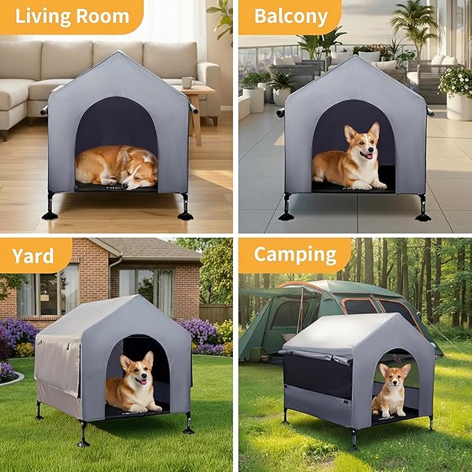36" Dog House Outdoor Indoor with Breathable Mesh Windows, 2-in-1 Outside Dog House Elevated Dog Bed Cot Dog Tent Shade Shelter, Easy to Assemble & Clean (36 INCH)