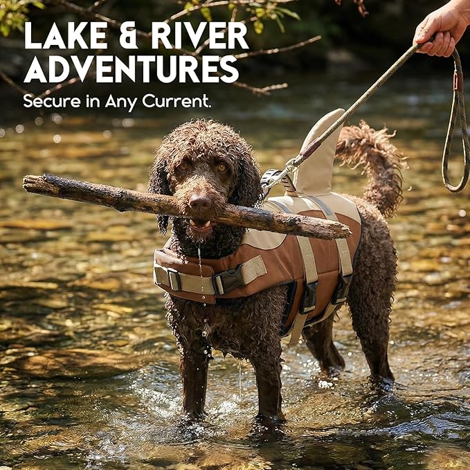 ASENKU Dog Life Jacket - Pet Safety Vest for Swimming & Boating, Shark Life Jacket with Floatation, Dog Lifesavers Swimsuits for Small Medium Large Dogs (Brown, 2XL)