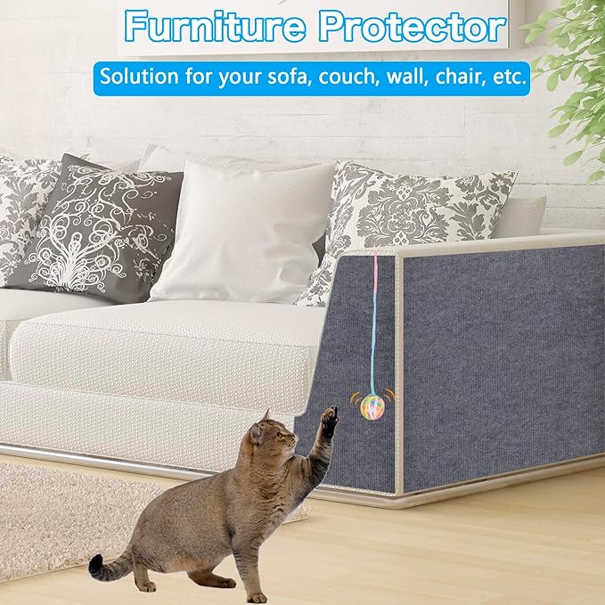Cat Scratching Mat - 79"x16" Trimmable Cat Scratching Carpet Mat, Large Self-Adhesive DIY Cat Scratch Mat Roll, Cat Tree Shelves Replacement Mat Pad, Couch Furniture Protector, Toy Ball&Strong Tape