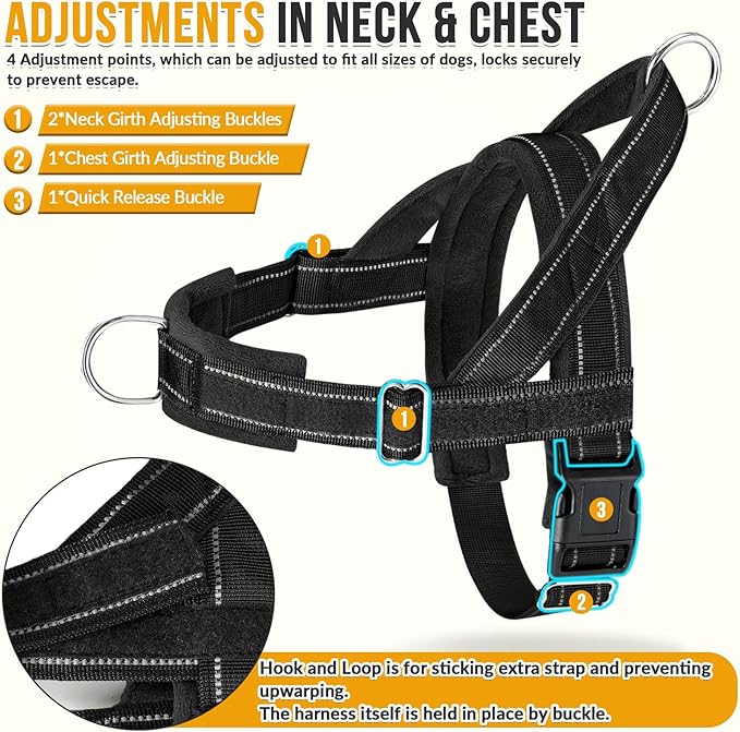 Lukovee No Pull Dog Harness & Leash Set - Heavy Duty Dog Vest Harness with Soft Padded for Medium Large Dogs, Adjustable Reflective Tactical Pet Harness for Easy Walk and Training (XL, Black)