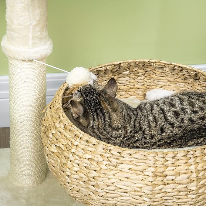 Modern 28” Cat Tree with Elevated Basket Bed & Sisal Scratching Post – Small Cat Condo for Indoor Cats Under 10 lbs, Plush Multi-Level Cat Tower, Beige