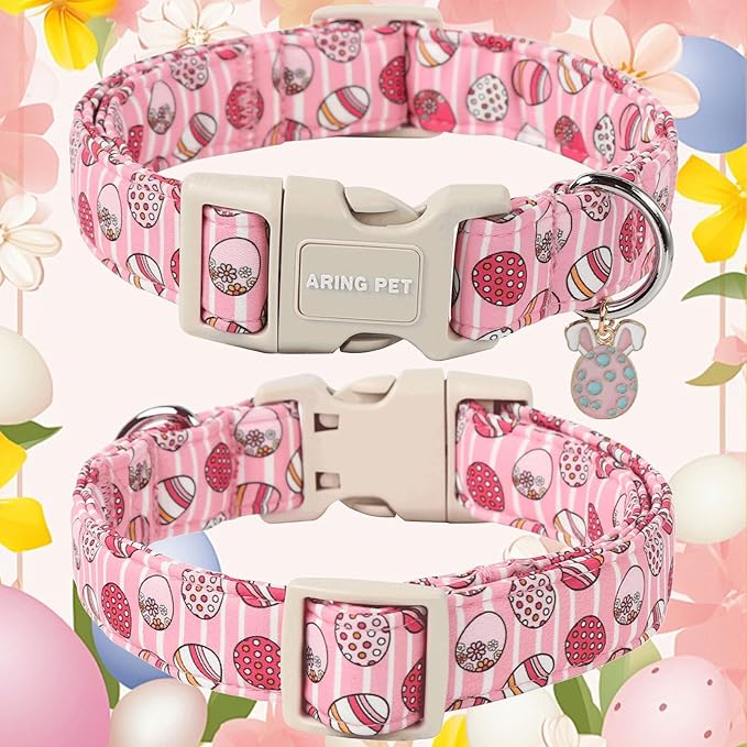 ARING PET Easter Eggs Dog Collar, Cute Adjustable Pink Striped Pet Collar with Quick Release Buckle for Dogs-M