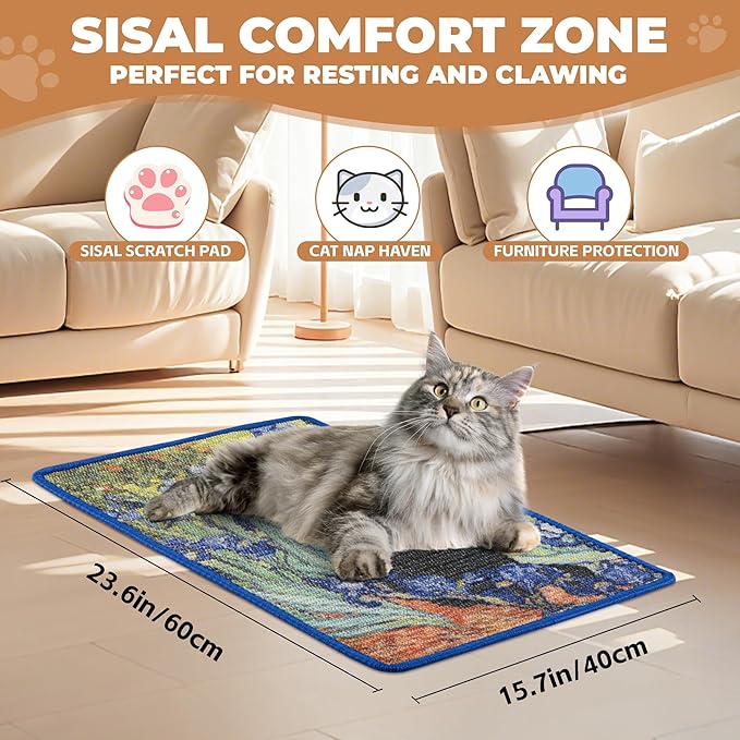 Sisal Cat Scratcher Mat, Cat Wall Scratcher for Indoor Cats, 23.6x15.7 Inch Cat Scratch Pad with Hook & Loop, Wall Mounted Cat Scratching Post to Protect Couch and Carpet（Irises）