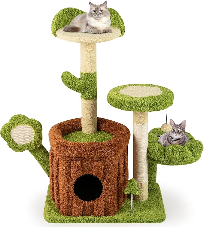 PETSITE Forest-Themed Cute Cat Tree, 36 Inches Tall with Sisal Scratching Posts and Board, Condo, Dangling Ball, and Spring Toy, Ideal for Indoor Small & Medium Cats (21.5 x 16 x 36 inches)