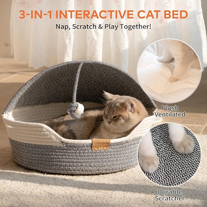 CHEERPALS Cat Basket Bed for Indoor Cats, Covered Pet Bed with Washable Cushion and Ball Rope Cotton Bed for Medium and Large Cat, All Season Universal(Blue)