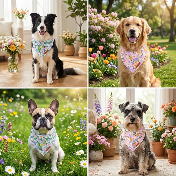 ADOGGYGO Floral Dog Bandanas, Spring Summer Daisy Pet Scarf, Premium Fabric, Purple Pink Flower Bandanas for Medium Large Dogs (Large)