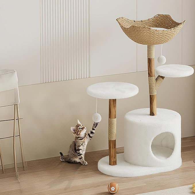 Premium Solid Wood Cat Tree Tower with Sisal Scratching Posts Multi-Level Cat Climber with Plush Condo for Indoor Cats, Modern Scandinavian Design Pet Furniture