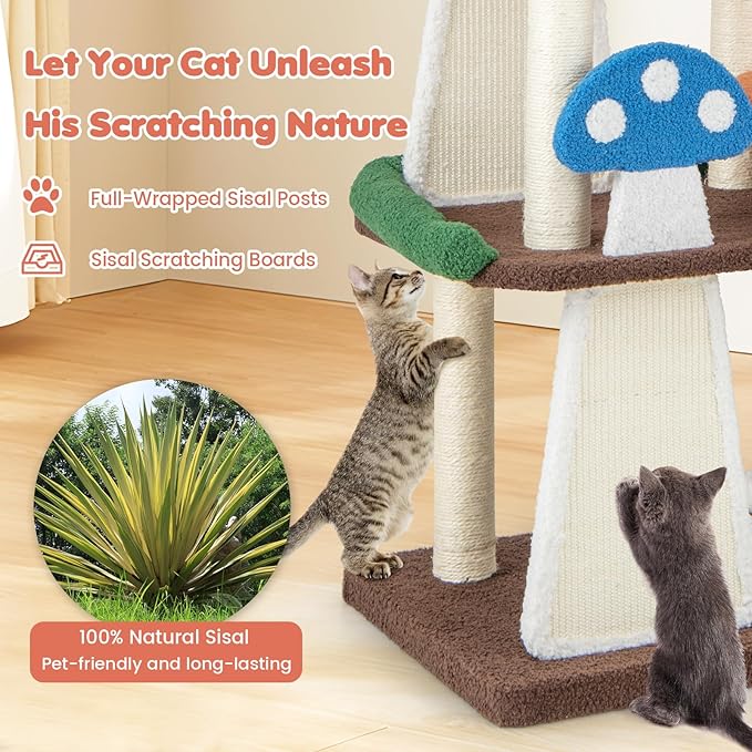 Nightcore Mushroom Small Cat Tree, 57.5" Multi-Level Cat Tower w/Natural Sisal Scratching Posts & Boards, Cat Tree w/Interactive Balls & 2 Cozy Cat Condos for Indoor Cats Large Adult