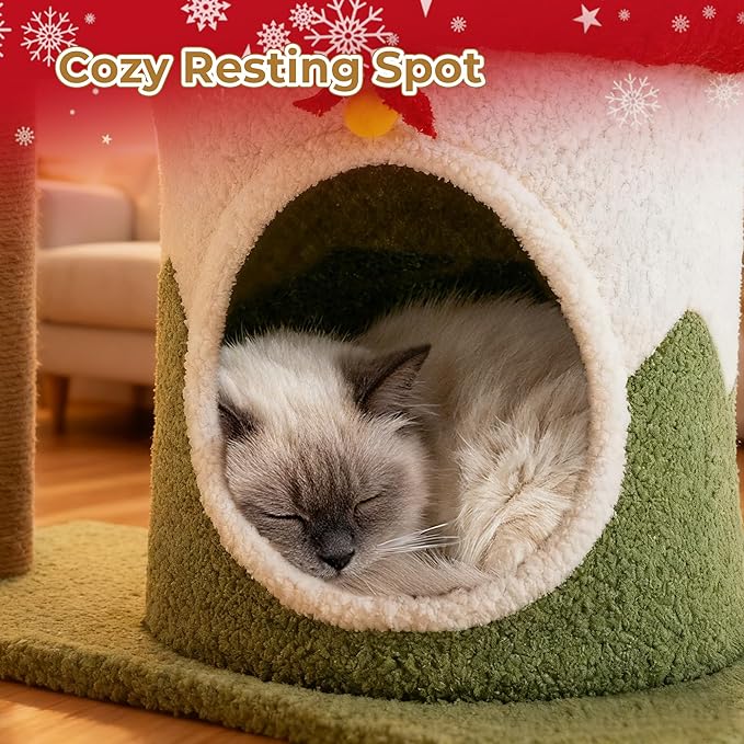 AQUILLA 29.7in Christmas Cat Tree Tower for Indoor Cats, Multi-Level Cat Condo with Sisal Scratching Posts, Cozy Hideaway & Top Perch, Red & Green Holiday Pet Play House for Small Cats and Kittens