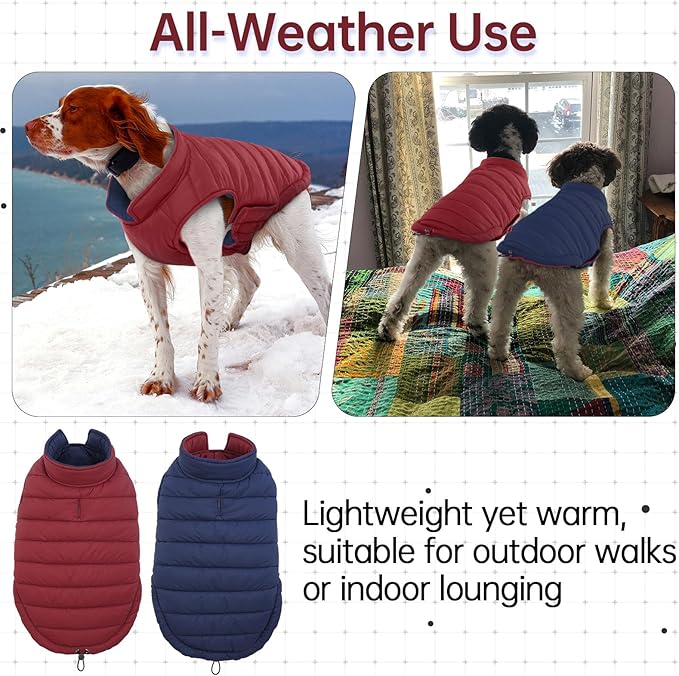 Lelepet Reversible Dog Coat Waterproof Dog Jacket Windproof Puffer Vest for Winter Warm Lightweight Coats for Medium Dogs Adjustbale Hook & Loop Pet Apparel with Leash Hole, French Bulldog, Wine Red L