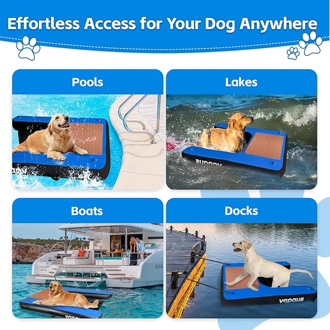 Vapaus Inflatable Dog Boat Ramp Floating Pup Dock Ladder for Water Pool Lake Pontoon Heavy Duty Non-Slip Portable Swim Platform for Swimming Upgraded D-Rings & Accessories for Large Dogs Up to 260lbs