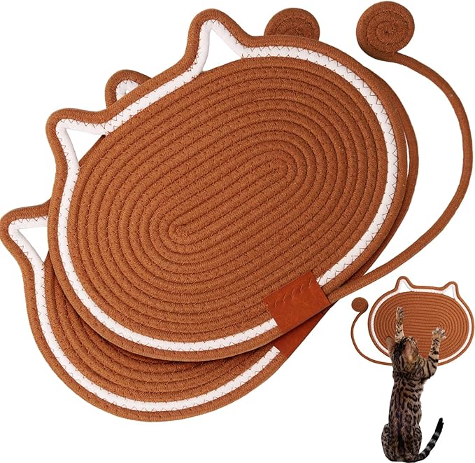 Cat Scratcher Mat Natural Cotton Rope Oval Horizontal Floor Cat Scratch Bed Pad with Ball Toy Protector for Furniture Floor Wall (Brown, 2 PC)