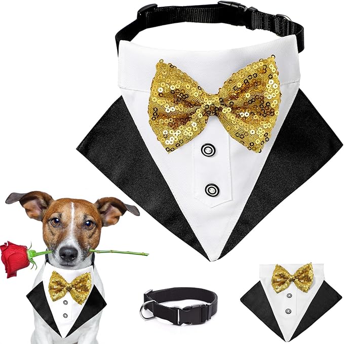 Tuxedo Costume Wedding Bandana Nylon Collar Suit With Gold Bow Tie Adjustable Black Tux Formal Clothes for Small Medium Large Dogs Pet Birthday Christmas Dress Outfits