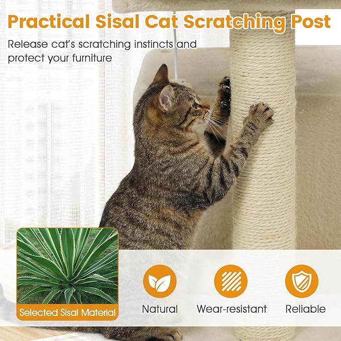 PETSITE 19.5-inch Small Cat Tree, with Sisal Scratching Post, Interactive Hanging Ball, Comfy Condo, and Spacious Top Perch, Ideal for Indoor Cats and Kittens (Beige)