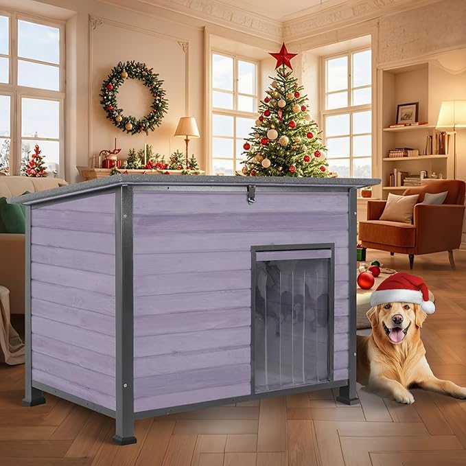 Dog House Outdoor Weatherproof, Sturdy Large Breed Doghouse Anti-Chewing Iron Frames Wood Houses, Dog Shelter for Indoor Puppies, Cats