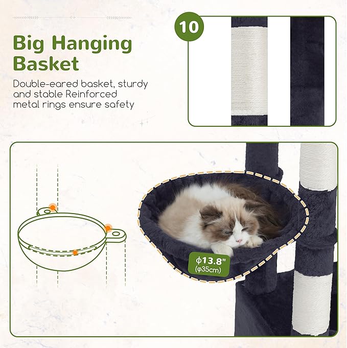 Cat Tree for Large Adult, 71.7'' Tall Cat Tower for Indoor Cats, Sturdy Heavy Duty Cat Tree Tower for 20 lbs+Cats, 3 Big Cat Condos, 10 Scratching Posts, 3 Platforms, Drak Gray GCT036G