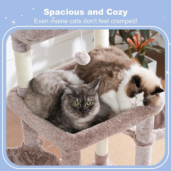 Hey-brother Cat Tree Tower, Scratching Posts with Extra Large Platform, Specious Condo, 2 Cozy Hammocks, Self-Grooming Brush for Indoor Adult Cats, Maine Coon 51.1 inches, Muchroom MPJ070MU