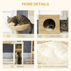 PawHut Cattail Weave Cat Tree for Indoor Cats Kitty Tower with Rattan Cat Condo, Wicker Bed, Ladder, Washable Cushions, 22.5" x 14.5" x 39.5", Natural