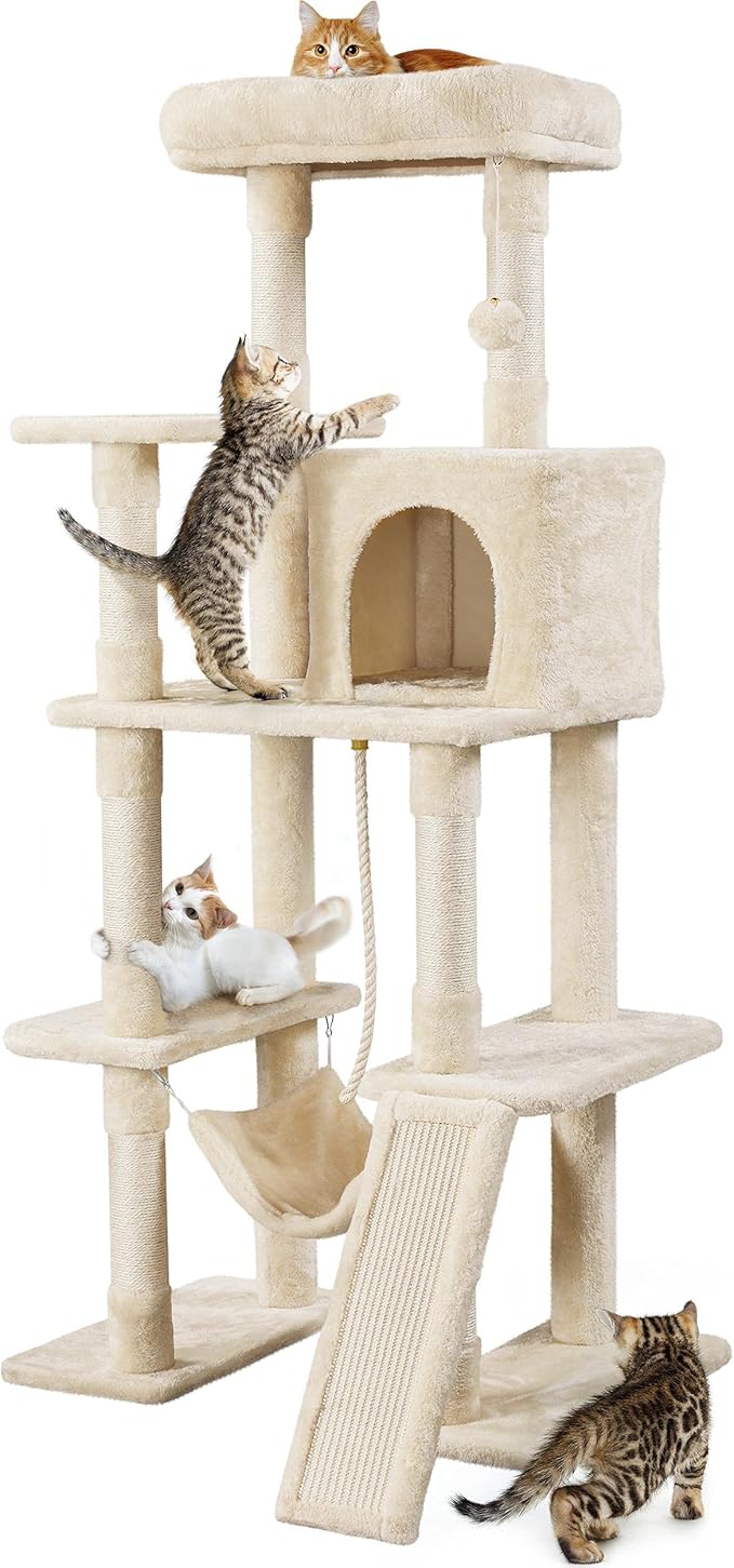 Topeakmart 63in Cat Tree, Large Cat Tower Furniture with Cat Condo, Padded Platform & Sisal-Covered Scratching Post, Stable Cat Tower Pet Play House