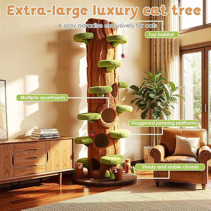 NUNU LAB Luxury Cat Tree for Indoor Cats- 90.5" Super Large Magic Forest Cat Tree Tower with Sisal Scratching Pad, Multiple Condo, Jumping Platforms and Plush Toys for Multi-Cat Household