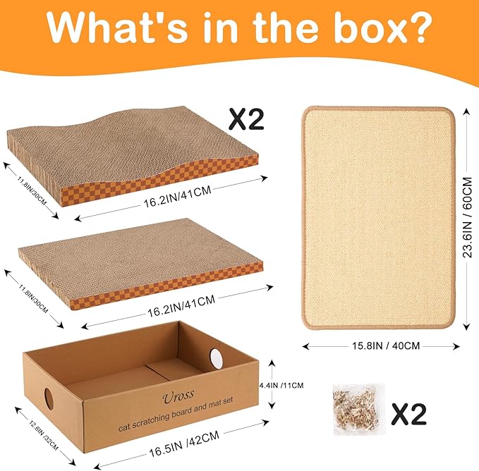 Uross Cat Scratcher Mat & 3pcs Scratching Board Set - Natural Sisal Cat Scratch Mats Large Cat Scratch Rug Scratch Pads Box for Indoor Cats Scratch Pad for Horizontal Cat Scratcher