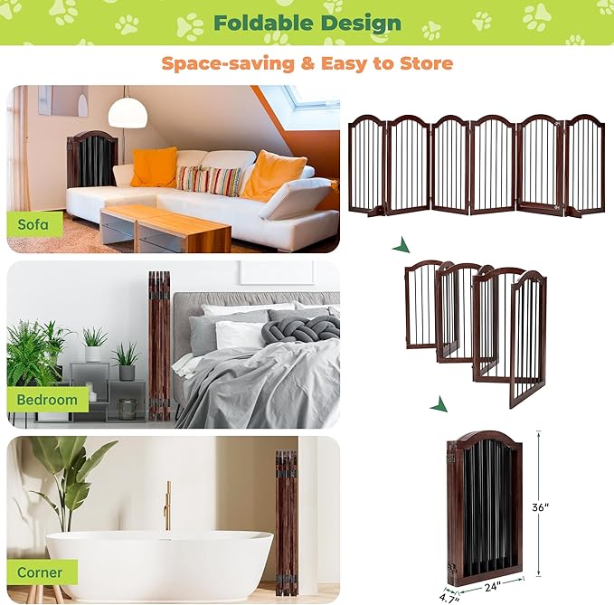 PrimeZone 144" Extra Wide Dog Gate - 36" Tall 6-Panel Solid Acacia Wooden Freestanding Puppy Gates with Door, Foldable Indoor Pet Fence for Doorways, Stairs, Support Feet Included, Brown