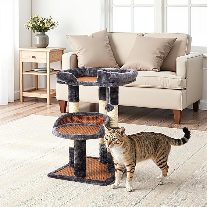 Multi-Level Cat Tree for Indoor Cats, Modern Cat Tower with Double Beds & Scratching Posts, 27 in Cute Cat Tree for Large Cats and Kitten, Small Cat Climbing Tower with Hanging Toys, Grey