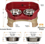 Neater Feeder Deluxe Mess-Proof Elevated Cat Bowls, 2 Height Adjustable (6” & 7.5”) No-Spill Raised Cat Bowl Stand, Whisker Friendly Stainless Steel Dishes for Indoor Cats, Made in USA, Cranberry