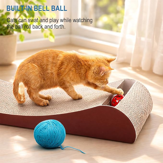 Simple Delxue Cat Scratcher Cardboard Lounge Bed with Bell Ball Toy, 30 Inches Large Horizontal Cat Scratcher Pad, 100% Recyclable & Reversible Durable Cardboard Scratching Board for Indoor Cats