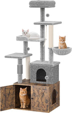 Cat Tree with Litter Box Enclosure, Hidden Cat Washroom Furniture,All-in-one Indoor Kitten House w/Scratching Posts, Multiple Platform and Condo, Modern Style Cat Tower, Hammock, Rustic Brown