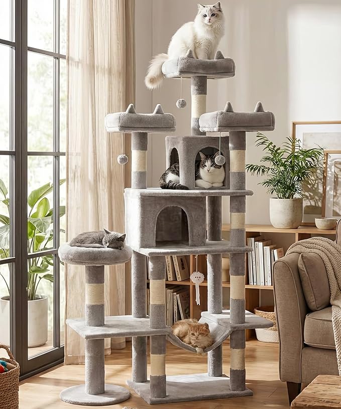 Heavy Duty Cat Tree for Indoor Cat, 71 Inch Large Cat Tower with Scratching Post and Top Perch, Hammock, Big Cat Condo for Adult Cats Kittens, PMT03GY, Grey