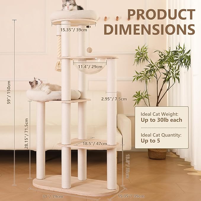 59" Modern Cat Tree Multi-Level Large Cat Tower Heavy Duty Wooden Cat Tree with Hammock,Cotton Scratching Post and Washable Cushions