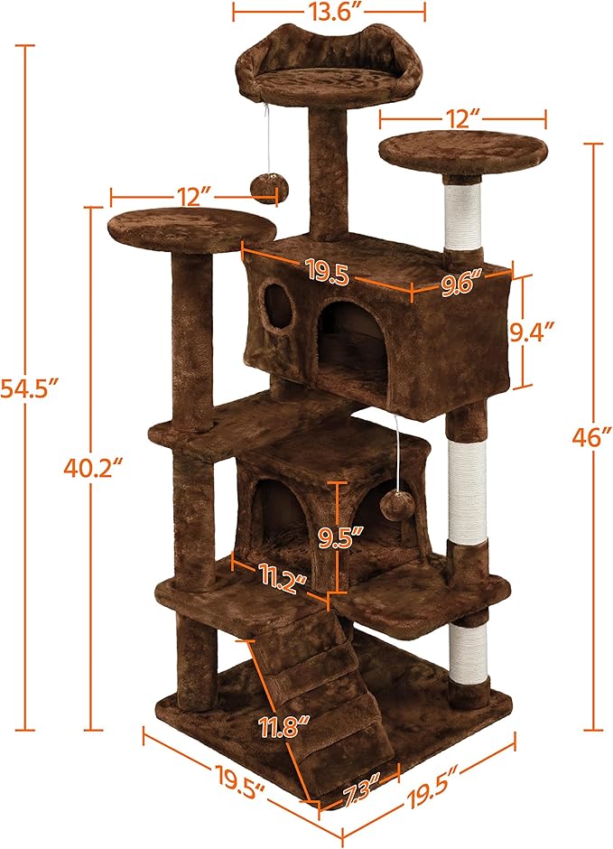 Topeakmart 54in Cat Tree, Cat Tower w/Large Cat Condo Scratching Posts and Perch, Cat Stand House Furniture, Brown