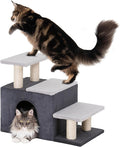 3-in-1 Pet Stairs for Cats, Dog Steps for Doggie Rabbits,7.8'' Depth Cat Stairs,Indoor Cat Steps for High Bed for Pet's Joints, Soft Plush, 1 Big Cat Condo Cave, Sisal Scratcher, Grey, Large