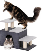 3-in-1 Pet Stairs for Cats, Dog Steps for Doggie Rabbits,7.8'' Depth Cat Stairs,Indoor Cat Steps for High Bed for Pet's Joints, Soft Plush, 1 Big Cat Condo Cave, Sisal Scratcher, Grey, Large