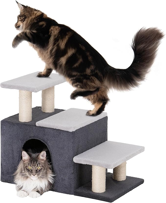 3-in-1 Pet Stairs for Cats, Dog Steps for Doggie Rabbits,7.8'' Depth Cat Stairs,Indoor Cat Steps for High Bed for Pet's Joints, Soft Plush, 1 Big Cat Condo Cave, Sisal Scratcher, Grey, Large