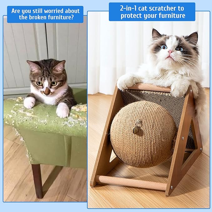 Fhiny Cat Scratcher Toy with Sisal Ball, 2-in-1 Rope Ball with Bell & Cardboard Cats Scratching Interactive Solid Wood Durable Scratch for Indoor Kitties Wear-Resistant Furniture Supplies