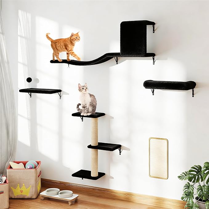 COZIWOW Cat Wall Shelves Set, 5-Piece Wall Mounted Cat Furniture with Cat Tree & Scratching Post, Floating Cat Perches for Indoor Cats（Black）