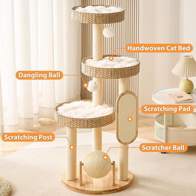 Modern Cat Tree Tower for Large Cat with Scratching Post for Indoor, 46 inch Multi-Level Solid Wood Cat Tower with Handwoven Beds, Scratching Boards, Scratcher Ball, Dangling Balls