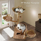 59" Cat Tree Tower with Real Solid Wood Natural Branch, Modern Cat Tree for Large Cats w/3 Handwoven Wicker Baskets- Luxury Boho Cat Furniture w/Condo & Soft Hammock, Scratching Post, Brown