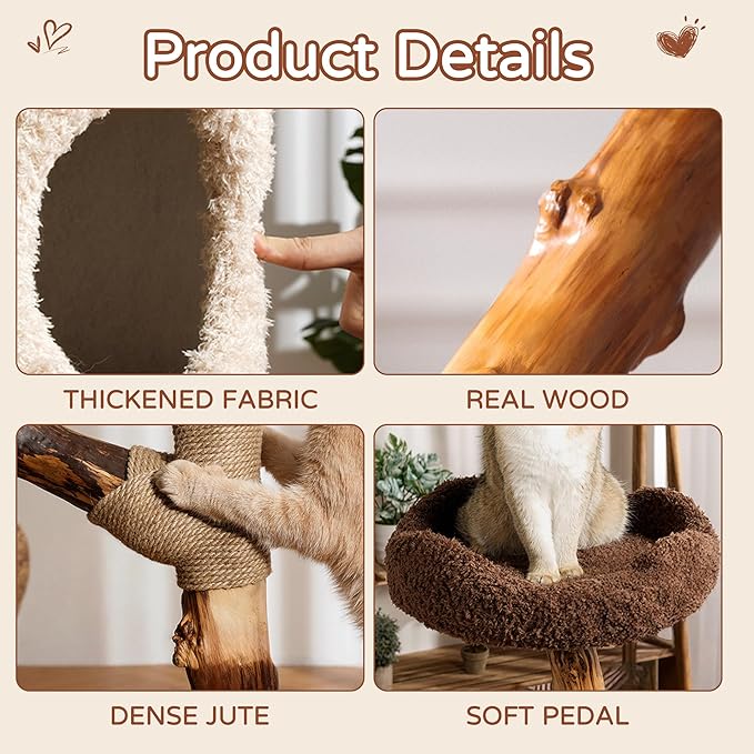 RPZ 54.7" Luxury Solid Wood Cat Tree for Small to Medium Cats – Natural Wood Scratching Post with Real Branch, Cozy Hideout, Multiple Platforms & Elevated Perches – Ideal for 1-5 Cats, Brown & Beige