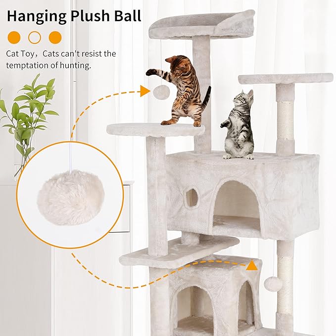 BLKMTY Cat Tree 54" Tall Cats Tower Large Cat Condo Climber Cats Climbing Stand with Top Perches Playhouse and Climbing Ladder Kitty Activity Tree w/Scratching Post Toys, Beige