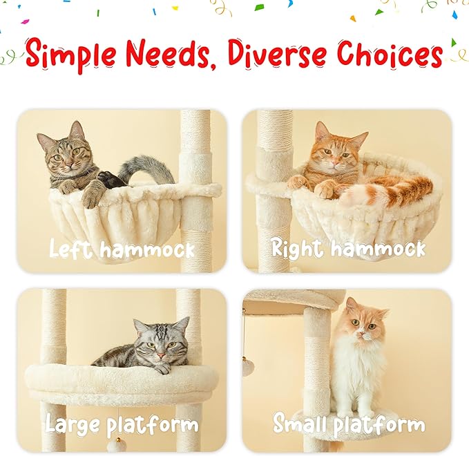 Cat Tree, Floor to Ceiling Cat Tower Adjustable Height [92.9-102.4 in=235-258cm], 7 Tiers Cat Climbing Play House with Scratching Post, Cozy Condo & Hammocks for Indoor Cats, Beige