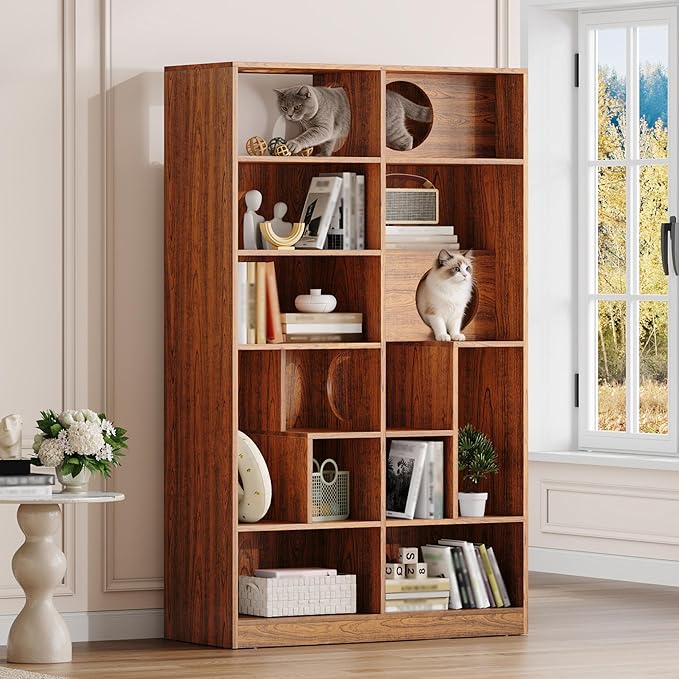 Bookcase Wooden Cat Tree, Brown Bookshelf Indoor Cat House Pet Furniture, Display Case with Storage, Cat Litter Box Enclosure Climbing Shelf
