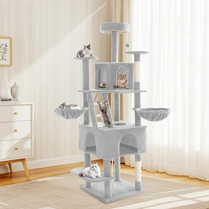 75" Cat Tree Large Cat Tower Condo w/Multi-Level Scratching Post Cat Stairs for Indoor Cats (Light Grey)