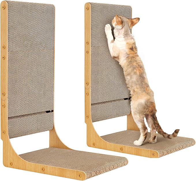 EHEYCIGA 2-Pack Cat Scratcher, 25.6 Inch L-Shaped Cardboard Scratch Pad for Indoor Cats, Vertical Cat Scratching Board with Ball Toy, Furniture Protector, Reversible Design for Double Life, Large