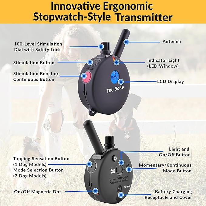 Educator ET-800 “The Boss” Dog Training E-Collar with Remote–1 Mile Range, 100 Levels Stimulation,Waterproof & Rechargeable–For Med & Lg Dogs 15 lbs+–Night Tracking Light, Expandable to 2 Dogs,Black