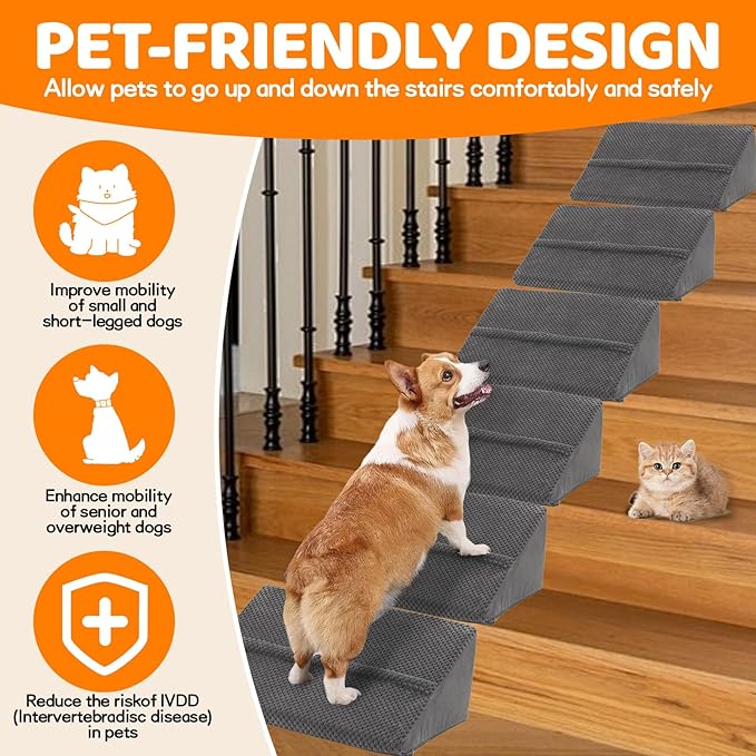 Dog Ramp for Stairs for Small & Senior Dogs and Cats, Non-Slip Foam Indoor Pet Ramp with Self-Sticky Pads, Dog Ramp for Stairs Inside House(Dark Gray, 6 Pack)