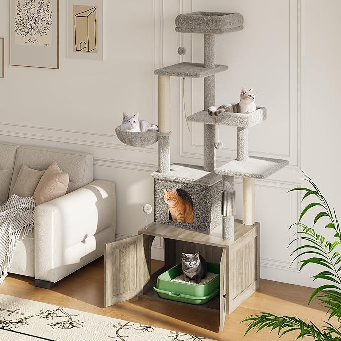 Cat Tree with Litter Box Enclosure Large,Tall Multilevel Cat Play House with Modern Cat Condo,Spacious Hammock, Cozy Top Perch,Sisal Posts and Dangling Balls,Wooden Cat Furniture for Indoor Cats Grey